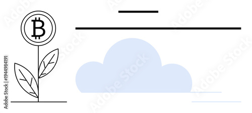 Cryptocurrency, blockchain, financial growth, eco-friendly innovation, digital assets, technology. Bitcoin symbol on a growing plant beside a minimalist cloud. Financial growth and blockchain