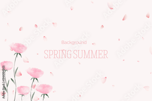 Spring floral in watercolor vector background. Luxury wallpaper design with pink flowers, line art, golden texture.