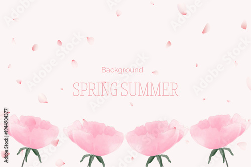 Spring floral in watercolor vector background. Luxury wallpaper design with pink flowers, line art, golden texture.
