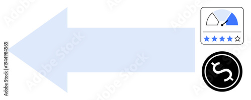 Financial performance. Financial metrics with rating gauge, dollar icon, and directional arrow. Financial performance insights, evaluations, and strategies. Useful for analysis, banking planning