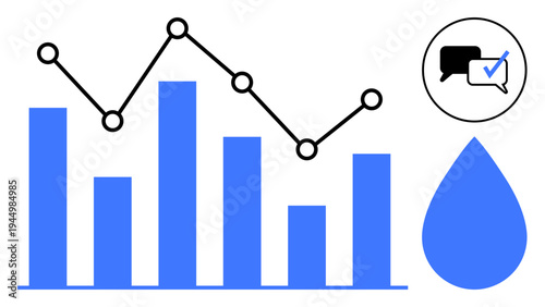 Bar chart with varied levels, overlaying line graph connecting points, speech bubbles with checkmark, and water drop. Ideal for analytics, business, communication, feedback, environment trends