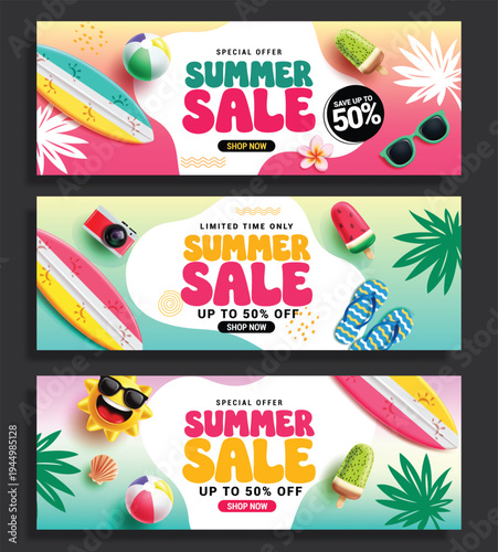 Summer Sale clipart banner set. Summer Sale special offer shopping discount clip art in colorful abstract background with tropical elements for holiday vacation clearance Sale poster template 