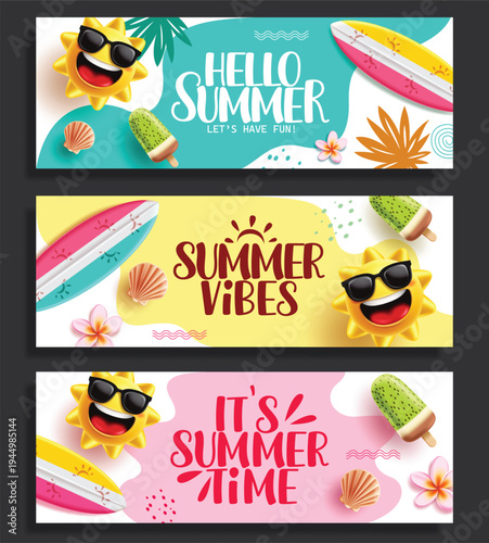 Summer greeting text abstract clipart banner set design. Hello Summer, Summer vibes and it's Summer time greeting in colorful abstract background clip art with sun character, surfboard and popsicle 