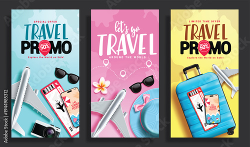 Travel promo clipart poster set. Travel Sale special offer and let's go Travel text clip art for holiday vacation tour online booking promo banner collection with traveler elements like luggage bag