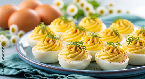 Deviled Eggs Appetizer Platter with Dill and Paprika Stock Food Photography