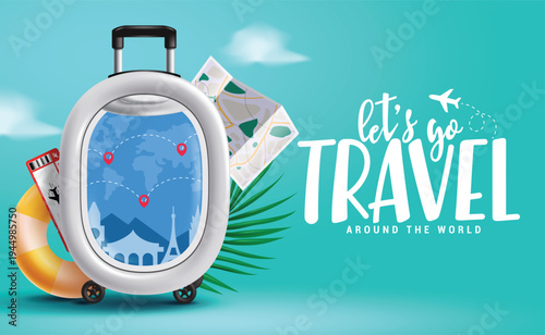 Travel banner template clipart design. Let's go Travel around the world text in blue background clip art with luggage bag and summer elements for holiday adventure and international tour banner 
