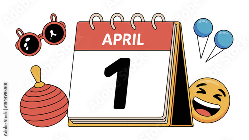 April 1st calendar page with festive icons and emojis for april fools' day celebration