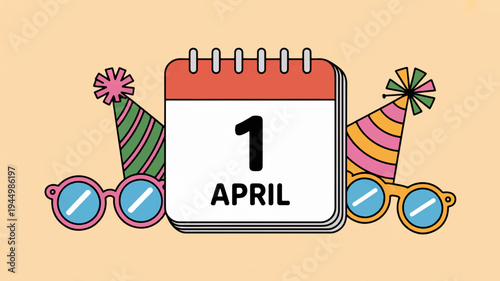 April 1st calendar page with colorful party hats and sunglasses on a peach background celebrating spring and new beginnings