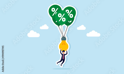 Businessman hanging on light bulb connected to flying balloons with percent symbols illustration of improving business performance through effective innovation strategy