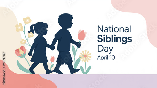 National siblings day illustration with silhouettes of two children holding hands surrounded by colorful flowers on white background with pink and purple accents