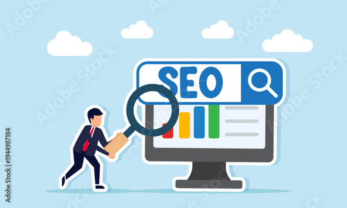 Businessman using magnifying glass to examine SEO search engine near monitor showing data graph illustration of business SEO performance analysis and digital marketing strategy