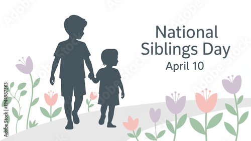 Silhouettes of a man and child holding hands walking among colorful tulips on national siblings day