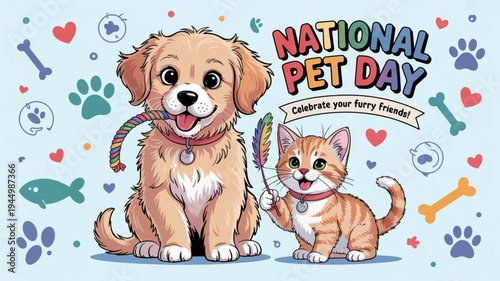 National pet day celebration with happy dog and kitten friends