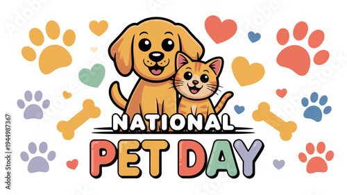 National pet day illustration with dog and cat surrounded by hearts and paw prints