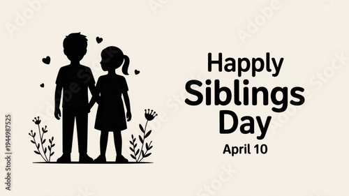 Happy siblings day april 10th illustration with silhouetted brother and sister