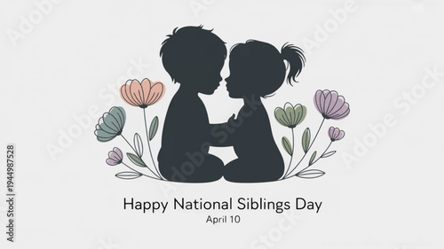 Silhouette of diverse siblings with flowers on national siblings day celebrating family bond and love