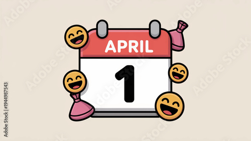 April fools' day calendar page with laughing emojis on beige background symbolizing fun and prank