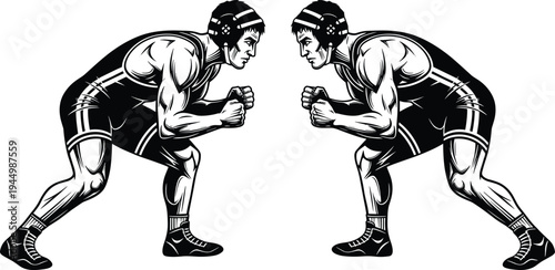 Two Professional Wrestlers in Stance Vector Illustration for High School Wrestling Team Logo Design Combat Sports Competition and Athletic Apparel