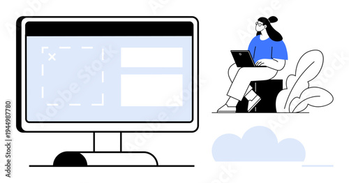 Remote work. Remote work setup with computer screen and woman using laptop outdoors. Remote work flexibility and modern tools. For productivity, digital tools, education, freelancing, creativity