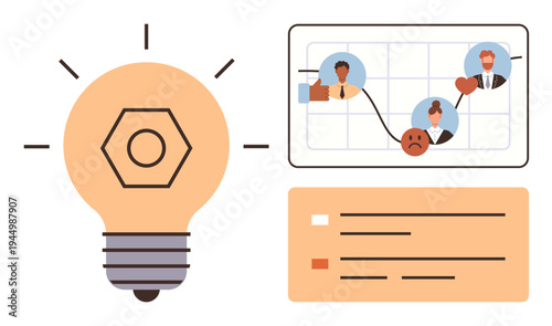Business strategy, teamwork, brainstorming, leadership, data visualization, creative solutions. Light bulb beside a graph with avatars. Brainstorming and business strategy concept