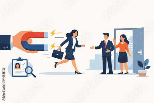 Businesswoman Being Recruited by a Company Using a Large Magnet for Talent Acquisition and Headhunting. Flat Vector Illustration of Human Resources Hiring Process, Career Change and Job Offer.