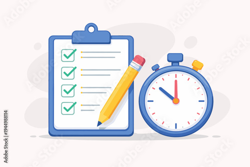 Productivity and Time Management Concept with Flat Vector Illustration of a Blue Clipboard with a Completed Checklist, a Yellow Pencil, and a Stopwatch for Efficiency, Planning, and Deadlines.