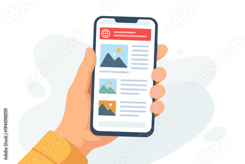 Hand holding a smartphone displaying a news website or mobile app interface with articles and images. Simple flat vector illustration of digital reading, online news, and mobile technology usage.