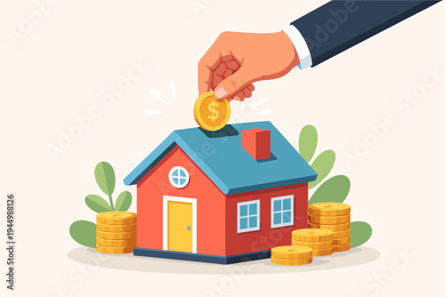 Hand putting gold coin into house piggy bank for real estate investment, saving for home ownership, mortgage payment, property finance, and financial planning for buying a new house or home.