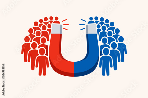 Vector Illustration of a Polarized Society with a Horseshoe Magnet Attracting Red and Blue People Shapes, Representing Political Division, Social Segregation, Partisanship, and Group Identity.