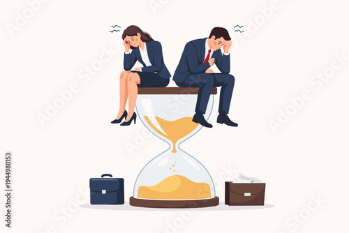 Stressed business man and woman sitting on a large hourglass with sand falling down. Concept of time management, deadline pressure, work stress, and burnout in a flat vector illustration style.