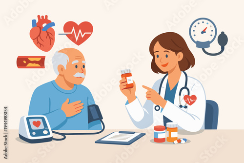 Female Doctor Cardiologist Consulting with Senior Male Patient, Prescribing Medication for High Blood Pressure and Hypertension Treatment, Heart Health Care and Medical Checkup Vector Illustration.