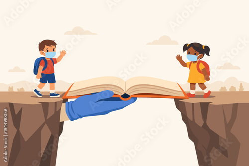 Vector Illustration of a Teacher's Hand in a Medical Glove Holding an Open Book to Bridge the Gap for Primary School Children Wearing Face Masks, Symbolizing Education Support During a Pandemic.