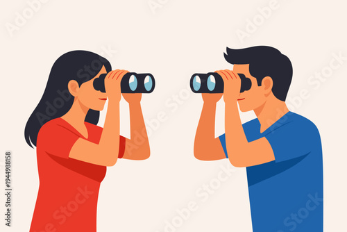 Flat vector illustration of a man and a woman looking at each other through binoculars, symbolizing mutual discovery, searching for a partner, curiosity, spying, and perspective on a plain background.