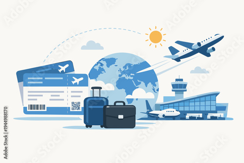 Flat vector illustration for air travel and business trips featuring boarding passes, airport terminal building, globe, luggage suitcases, and a commercial airplane taking off into the sky.
