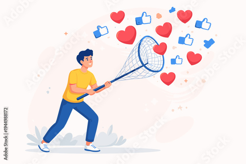 Flat vector illustration of a young man using a net to catch floating heart and like icons, representing social media engagement, digital marketing strategy, and seeking online popularity.