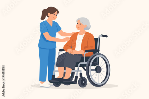 Flat vector illustration of a professional female nurse in blue scrubs providing compassionate care to an elderly woman in a wheelchair, concept of senior healthcare and nursing home assistance.