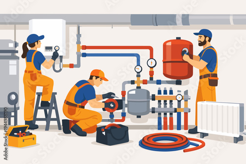 Professional Plumbers Installing and Repairing Residential Heating System in Basement, Vector Illustration of Technicians Working on Boiler, Pipes, Radiator, and Water Supply Infrastructure.
