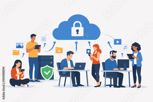 Diverse people using laptops and smartphones to upload digital files to a secure cloud storage server with padlock and shield icons, illustrating data protection, cybersecurity, and technology.