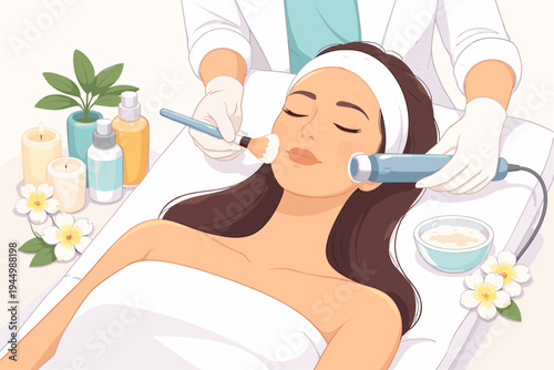 Vector illustration of a beautiful young woman receiving a professional facial skin care treatment and rejuvenation procedure at a luxury spa or dermatology clinic with a beautician expert.