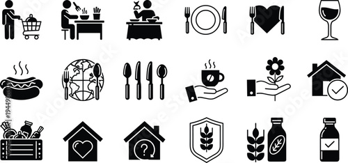 Vector Icon Set Featuring Food Security Global Hunger Relief Community Dining Restaurant Services Healthy Nutrition Charitable Support and Humanitarian Aid SymbolsVector Icon Set Featuring Food 