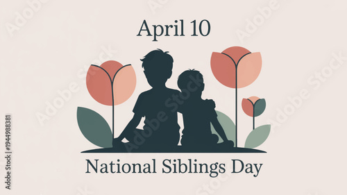 National siblings day april 10th illustration with silhouette of two siblings and tulips on pink background