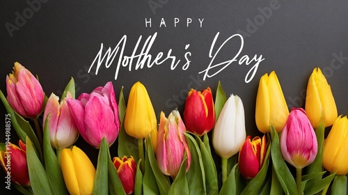 Happy Mother's Day tulips in full bloom against a dark background