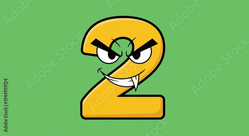 Cartoon Number Two with Evil Face on Green Background