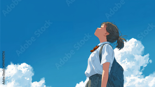 夏の背景素材に最適な青空と入道雲の下で目を閉じ風を感じる制服姿の女子学生のアニメ風イラスト