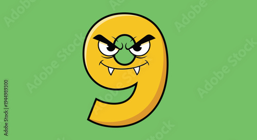 Angry Cartoon Number Nine with Sharp Teeth