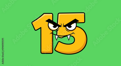 Cartoon Number Fifteen with a Devilish Expression