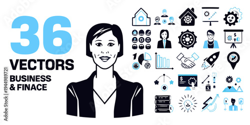 Business and finance icons with a professional woman illustration