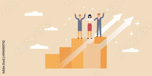Successful business team celebrating growth and achievement on rising steps
