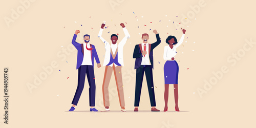 Diverse team celebrates success with raised arms and falling confetti