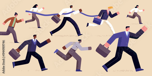 Business professionals race towards the finish line carrying briefcases